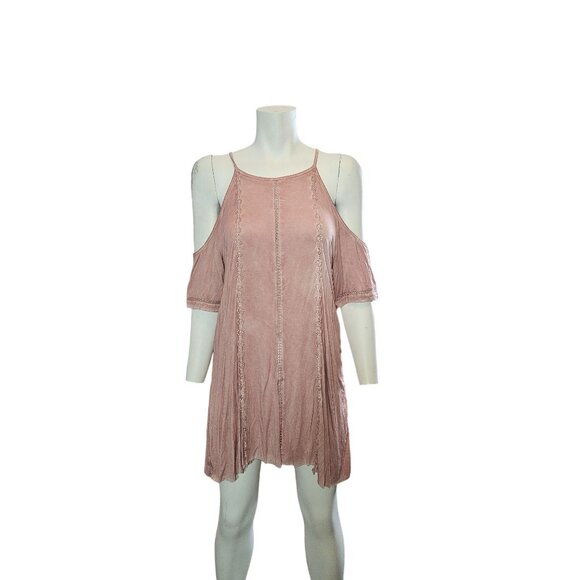 2/$35-POL Pink Cold Shoulder Lace-Trim Tunic/Dress Women S Lightweight & Flowy - Picture 1 of 7